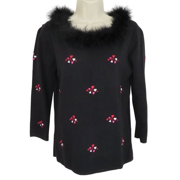 Etoile Medium Boat Neck Feather Embroidered Heart Valentines Pullover Sweater - Picture 1 of 7